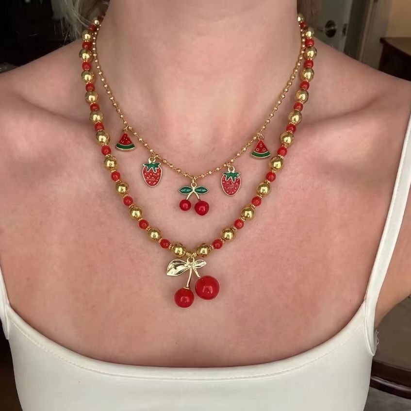 Sweet Red Cherry Strawberry He - Layered Pendant Necklace Aesthetic 评论和价格