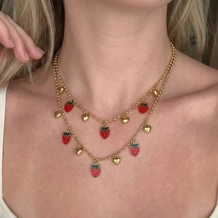 Sweet Red Cherry Strawberry He - Layered Pendant Necklace Aesthetic 评论和价格